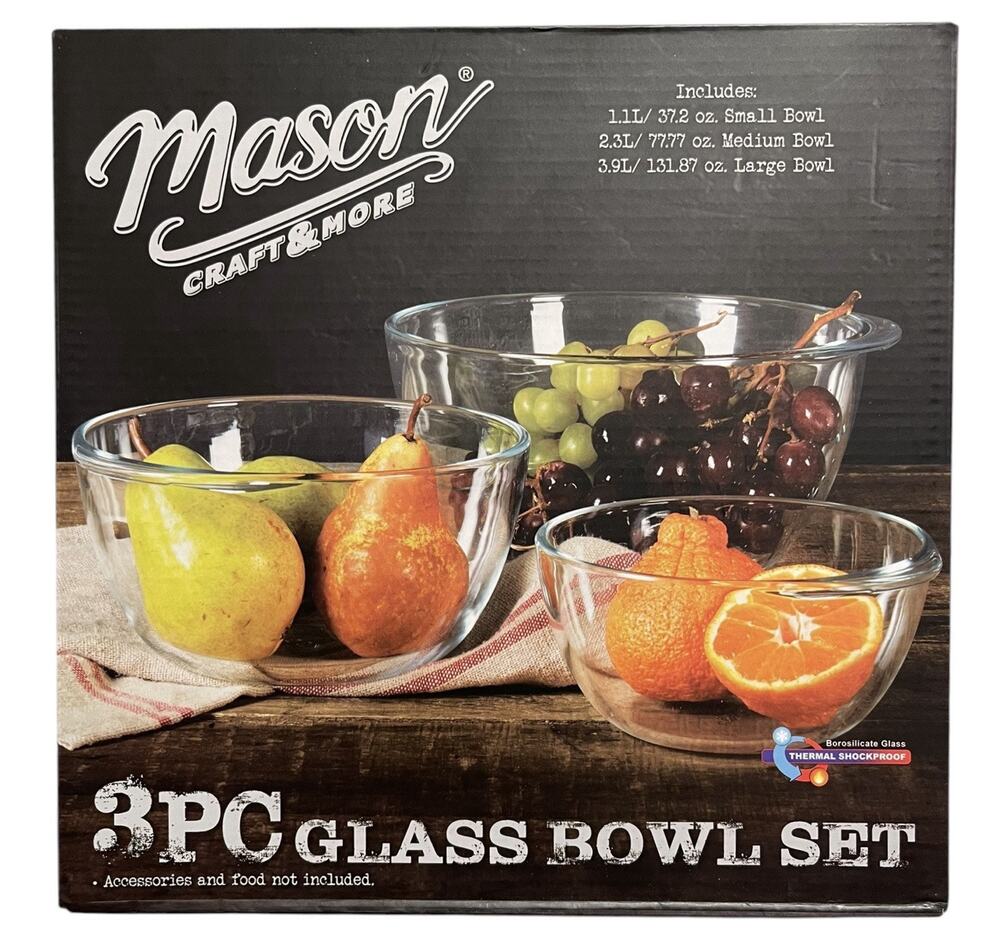 NEW Mason Craft and More 3 Piece Glass Mixing Bowl Sets (new in a box)